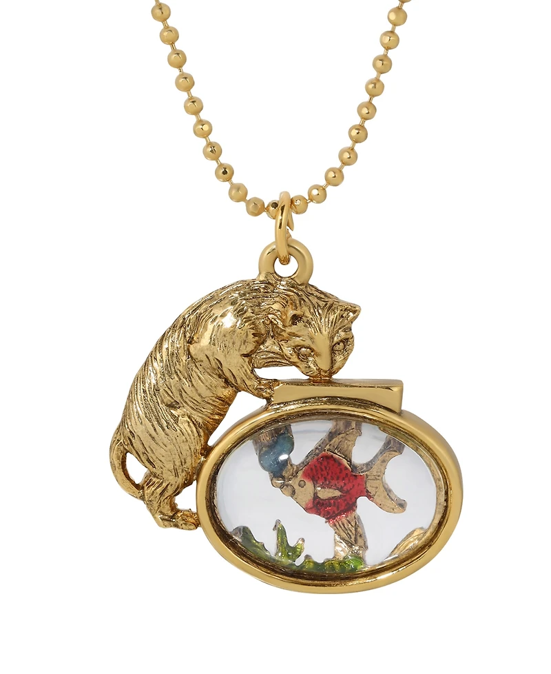 2028 Gold-Tone Cat Clear Acrylic Fishbowl Necklace