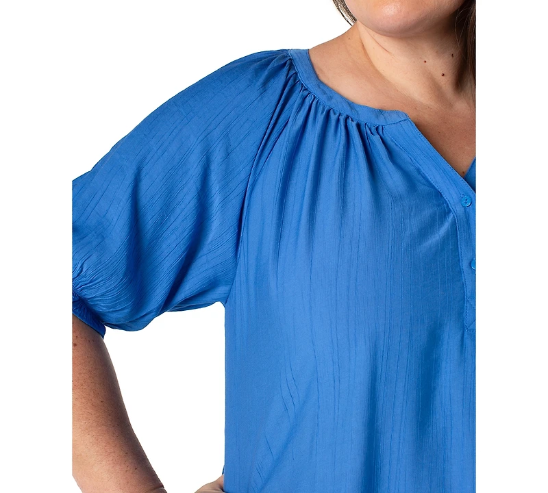 Liverpool Plus Woven Split-Neck Puff-Sleeve Blouse