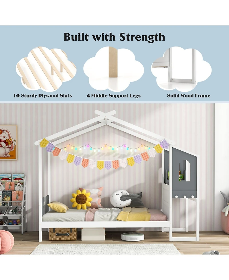 Gouun Twin Bed Frame with House Roof Canopy and Fence for Kids-Twin Size