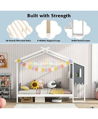 Gouun Twin Bed Frame with House Roof Canopy and Fence for Kids-Twin Size