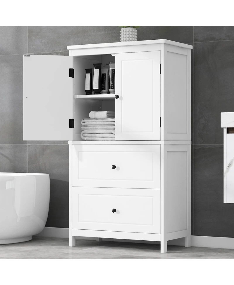Bathroom Storage Cabinet, Cabinet with Two Doors and Drawers, Adjustable Shelf, Mdf Board, White