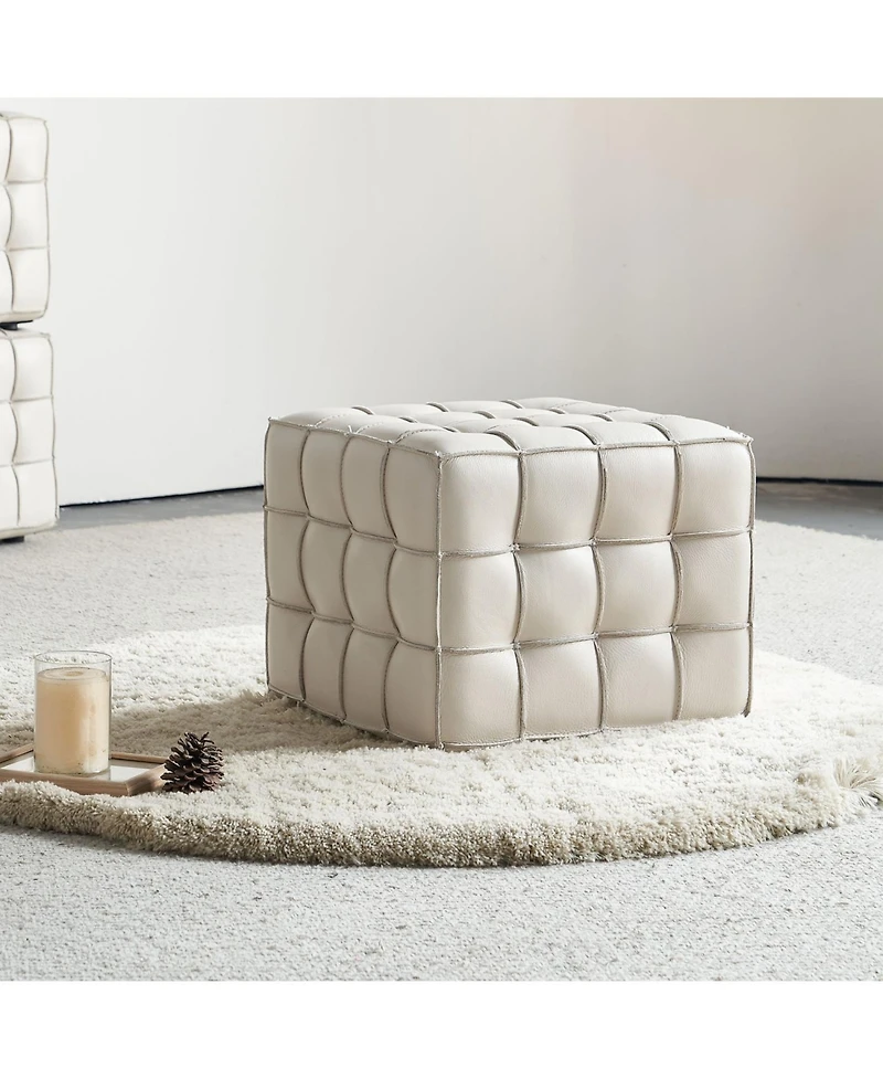 Streamdale 17.32"W Genuine Leather Tufted Ottoman,Footstool for Living Room & Bedroom,Beige Color