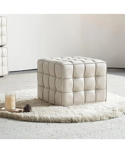 Streamdale 17.32"W Genuine Leather Tufted Ottoman,Footstool for Living Room & Bedroom,Beige Color