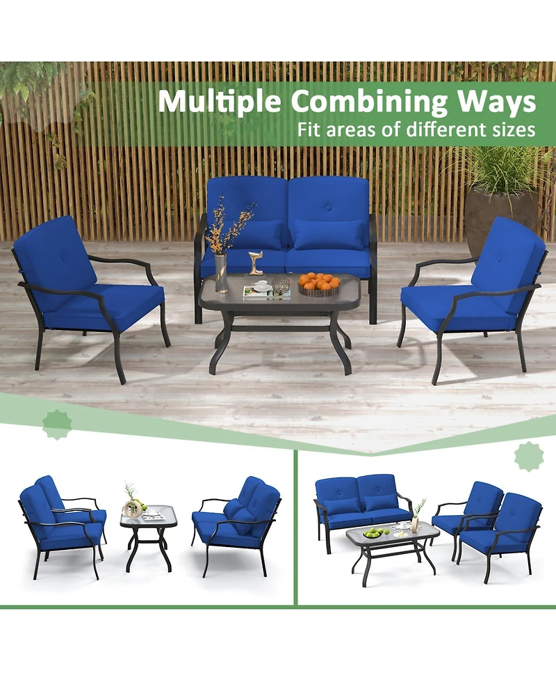4 Pieces Outdoor Conversation Set with Seat Back Cushions and Waist Pillows