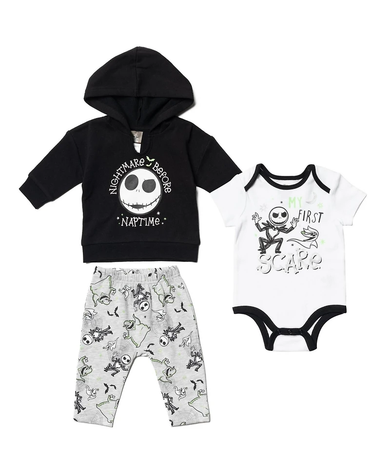 Nightmare Before Christmas Baby Boys Disney Fleece Pullover Hoodie Bodysuit and Pants 3 Piece Outfit Set
