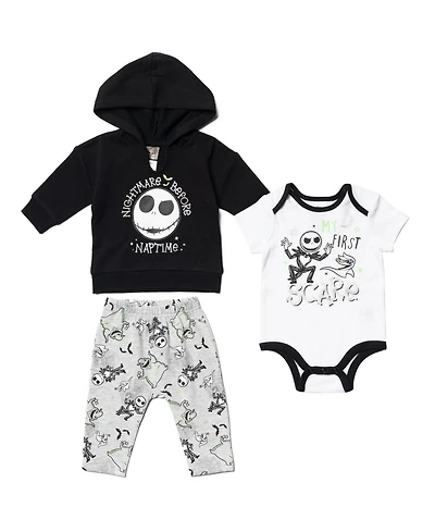 Nightmare Before Christmas Baby Boys Disney Fleece Pullover Hoodie Bodysuit and Pants 3 Piece Outfit Set