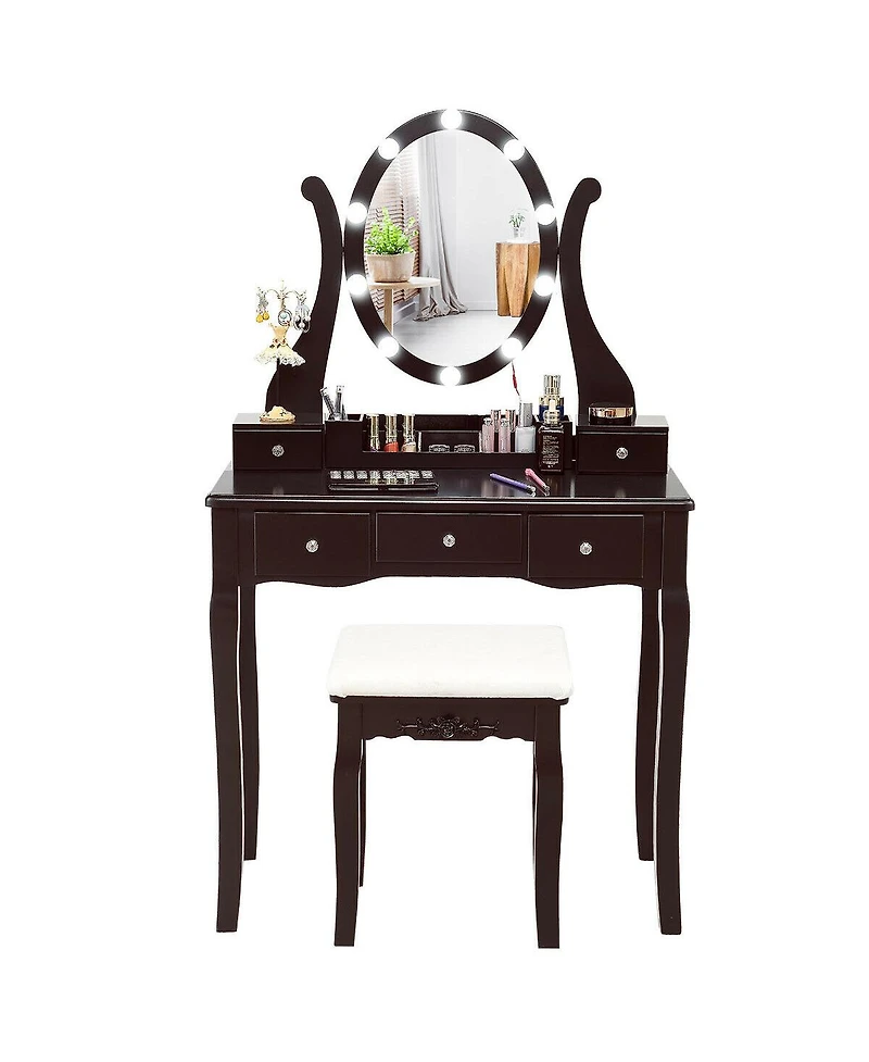 10 Dimmable Lights Vanity Table Set with Lighted Mirror and Cushioned Stool
