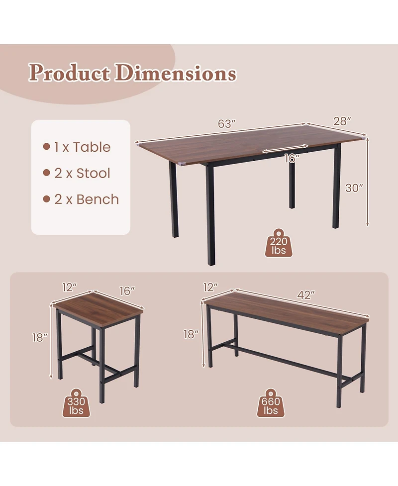 5 Piece Dining Table Set for 4-6 with 2 Benches & 2 Stools for Kitchen Dining Room
