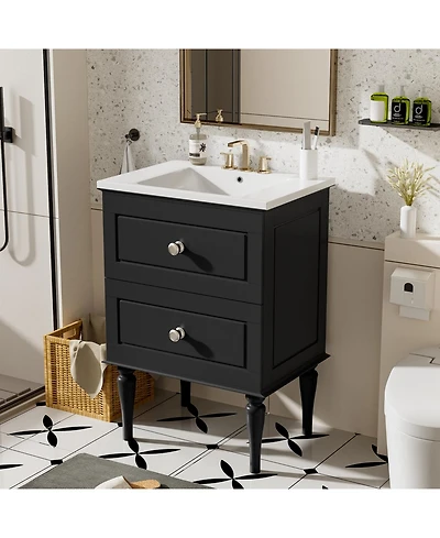 Streamdale 24" Solid Wood Bathroom Vanity Cabinet with Sink and 2 Drawers, Black