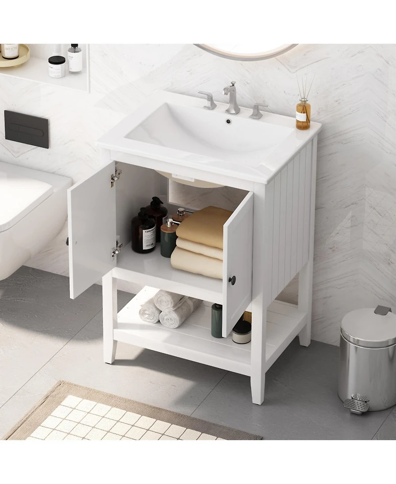 Streamdale 24" White Modern Sleek Bathroom Vanity Elegant Ceramic Sink with Solid Wood Frame Open Style Shelf