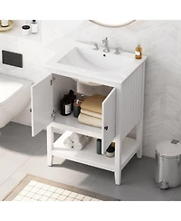 Streamdale 24" White Modern Sleek Bathroom Vanity Elegant Ceramic Sink with Solid Wood Frame Open Style Shelf