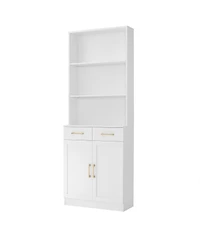 Bathroom Storage Cabinet, Cabinet with Two Doors and Drawers, Adjustable Shelf, Three-layer Open Shelf, Mdf Board, White