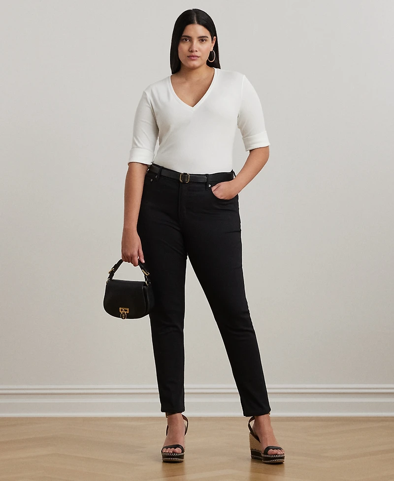 Lauren Ralph Plus Stretch Cotton Elbow-Sleeve V-Neck Tee