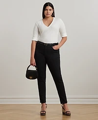 Lauren Ralph Plus Stretch Cotton Elbow-Sleeve V-Neck Tee