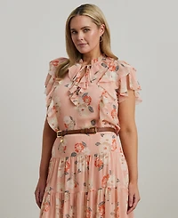 Lauren Ralph Plus Floral Ruffle-Trim Georgette Blouse