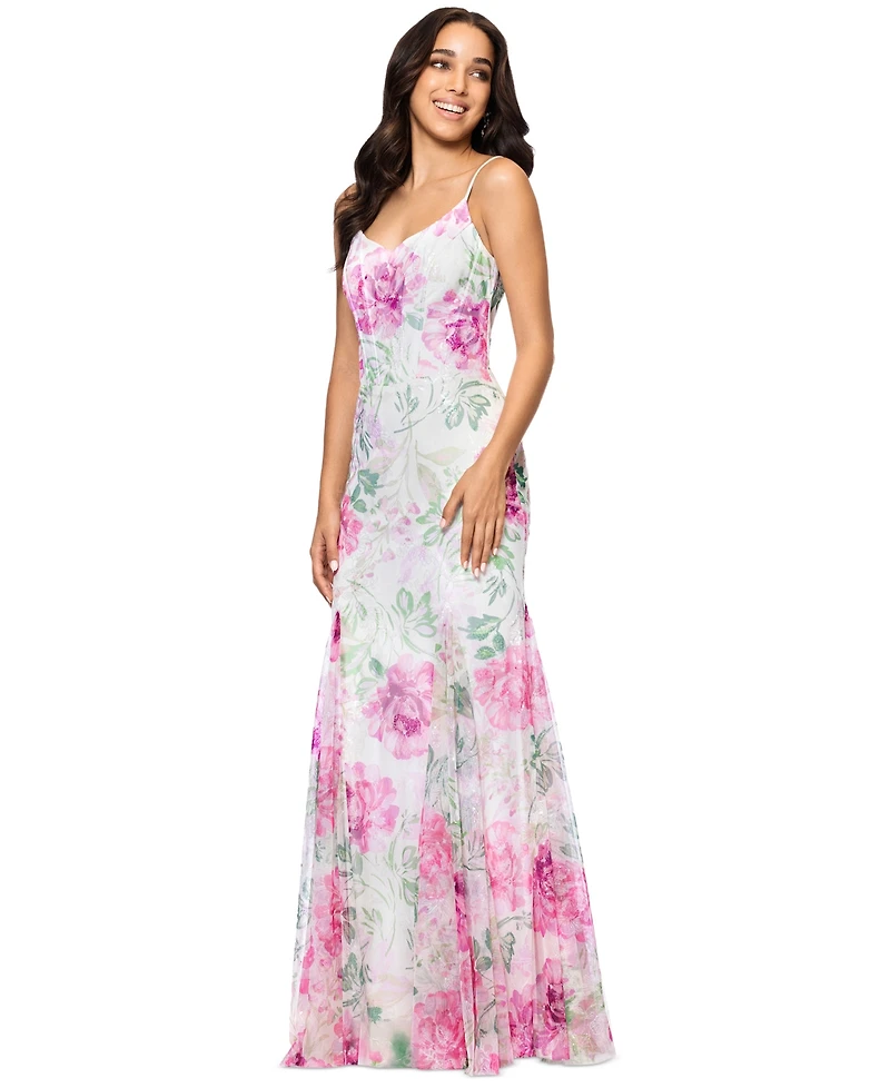 Betsy & Adam Women's Sequin Floral Print Sleeveless Gown
