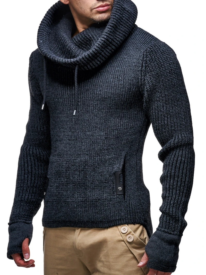 Leif Nelson Men's Cowl Neck Knitted Pullover with Thumbhole Cuffs