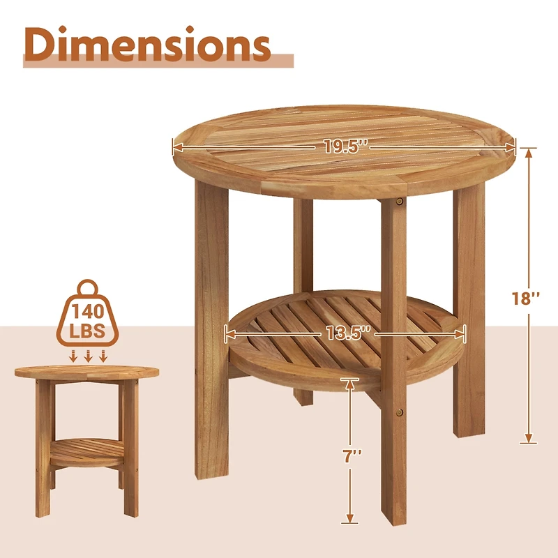 Patio Teak Wood End Table with Round Top and Lower Storage Shelf