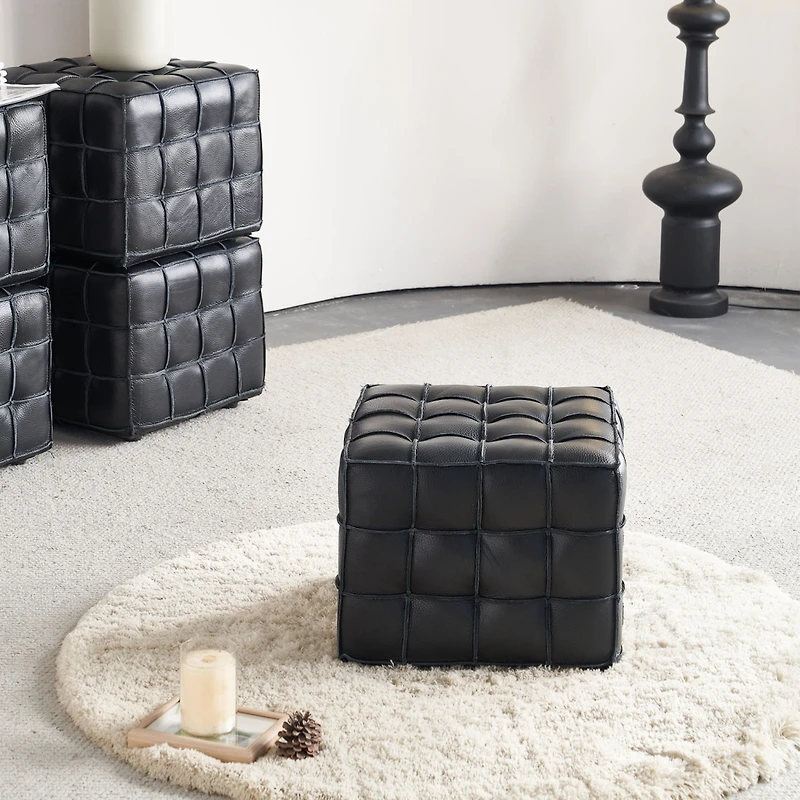 Streamdale 17.32"W Genuine Leather Tufted Ottoman,Footstool for Living Room & Bedroom,Black Color