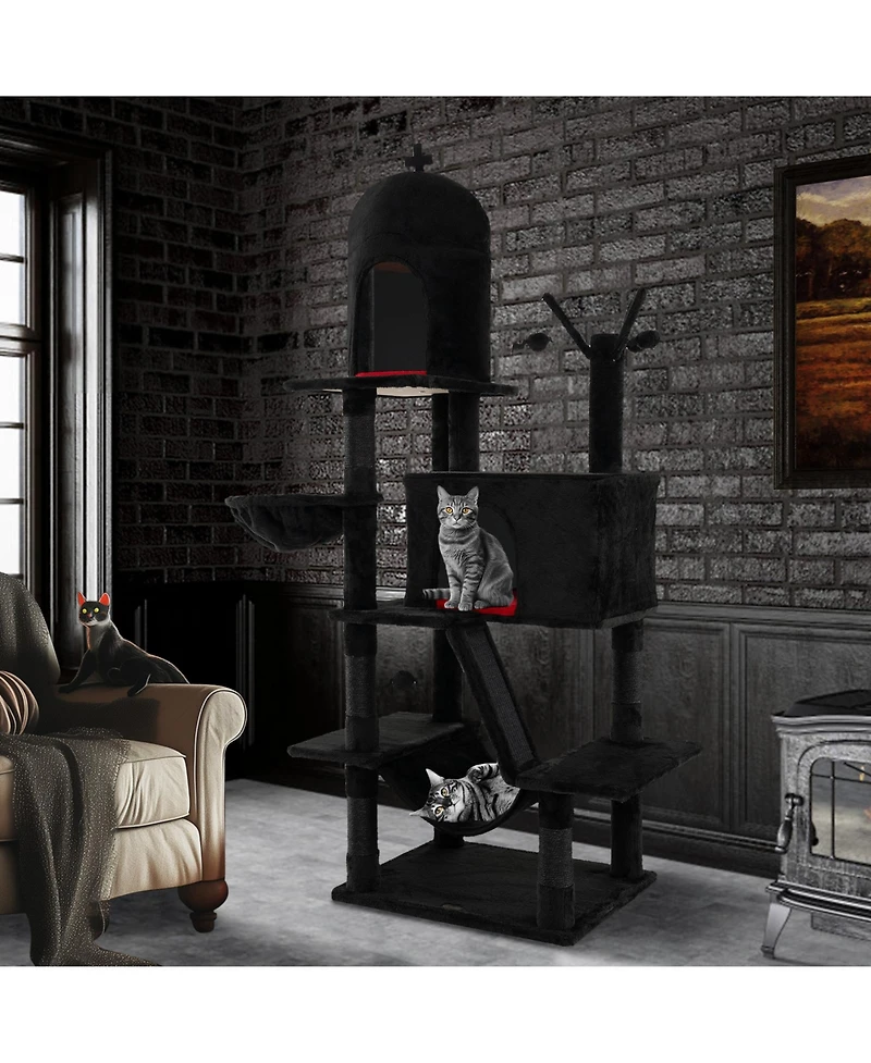 Gothic Cat Tree with 2 Cat Condos & Spooky Dangling Ball Haunted-Themed Playhouse for Indoor Cats