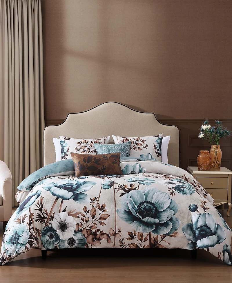 Bebejan Flowers in the Mist Bedding 100% Cotton Sateen 5 Piece Queen Size Reversible Comforter Set