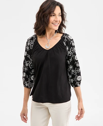 Style & Co Women's Embroidered 3/4-Sleeve V-Neck Top, Exclusively at Macy's