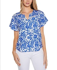 Belldini Women's Floral Printed Eyelet Short Sleeve Knit Top