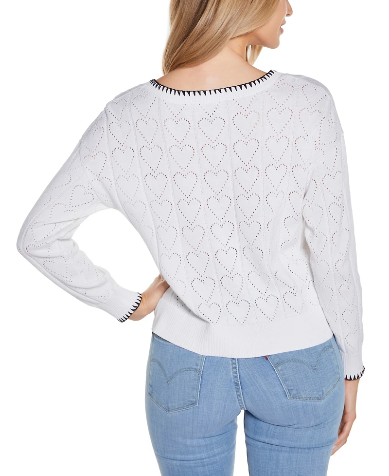 Belldini Women's Heart Pointelle V-Neck Sweater