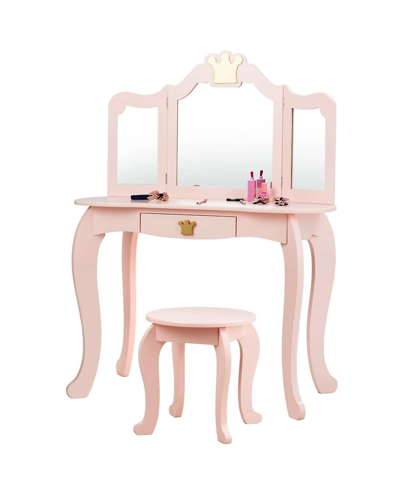 Kids Makeup Dressing Table with Tri-folding Mirror and Stool