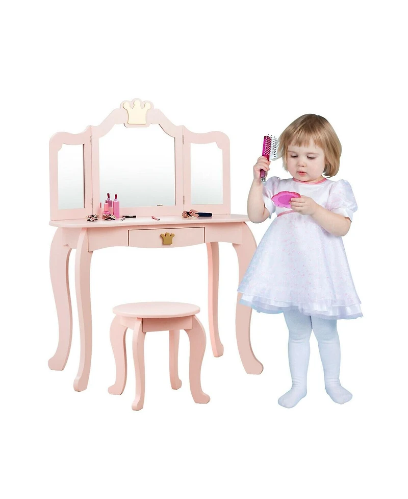 Kids Makeup Dressing Table with Tri-folding Mirror and Stool
