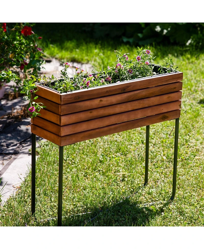 Acacia Wood Slatted Planter Box with Oil-Stained Finish - 23.5" H