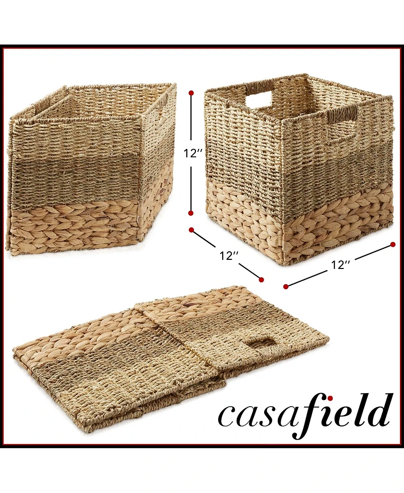 Casafield 12" x 12" Mixed Weave Storage Baskets, Natural - Set of Collapsible Cubes, Woven Bin Organizers for Bathroom, Bedroom