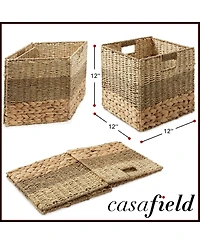 Casafield 12" x 12" Mixed Weave Storage Baskets, Natural - Set of Collapsible Cubes, Woven Bin Organizers for Bathroom, Bedroom