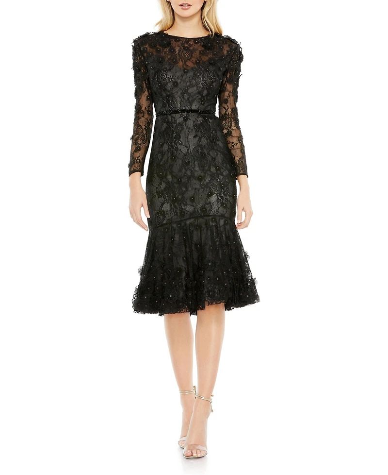 Women's Floral Applique Long Sleeve Cocktail Dress