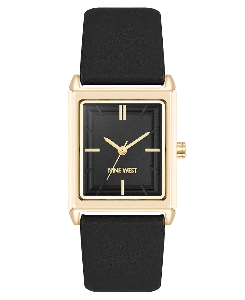 Nine West Women's Quartz Rectangular Gold-Tone and Polyurethane Leather Band Watch