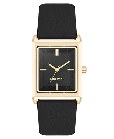 Nine West Women's Quartz Rectangular Gold-Tone and Polyurethane Leather Band Watch