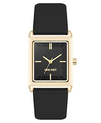 Nine West Women's Quartz Rectangular Gold-Tone and Polyurethane Leather Band Watch