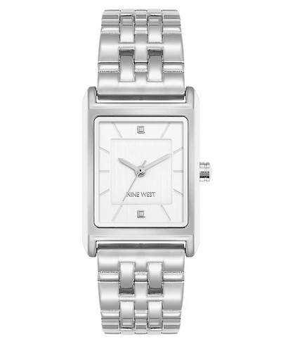 Nine West Women's Quartz Rectangular White and Silver-Tone Metal Alloy Watch, 24mm