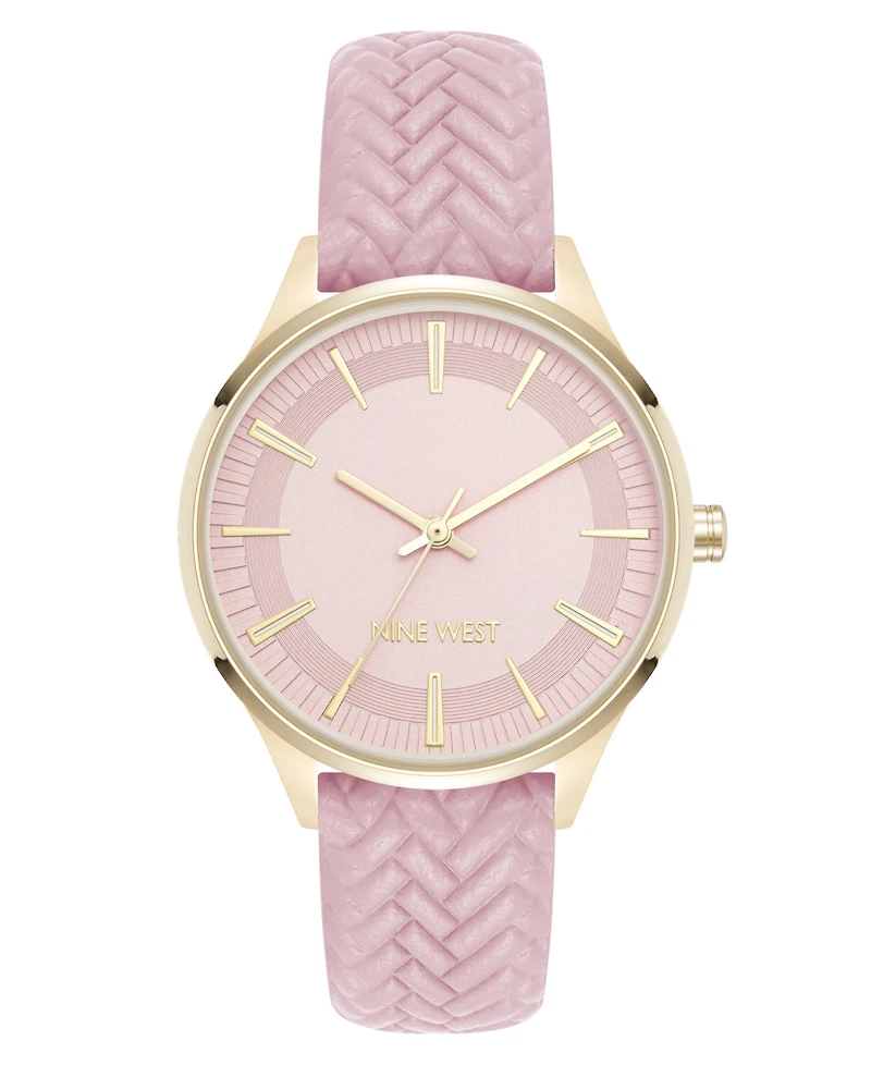 Nine West Women's Quartz Boyfriend Gold-Tone and Pink Polyurethane Leather Band Watch, 35mm