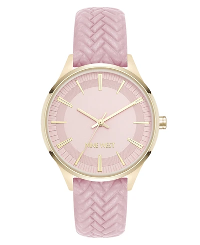 Nine West Women's Quartz Boyfriend Gold-Tone and Pink Polyurethane Leather Band Watch, 35mm