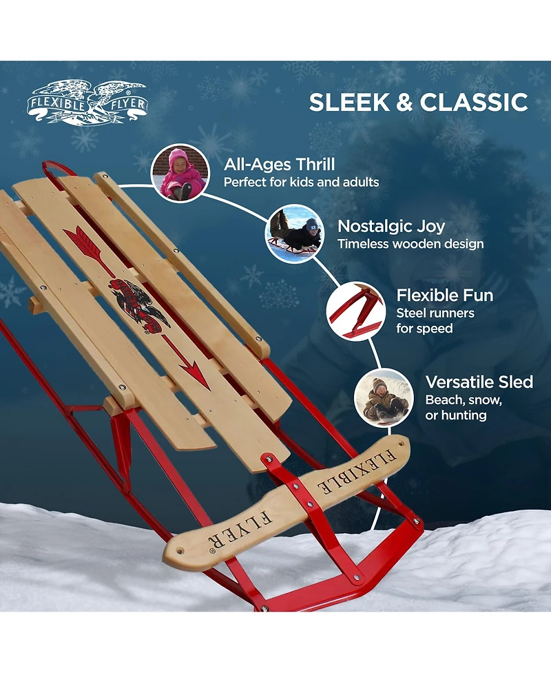 Flexible Flyer Metal Runner Steel & Wood 48" Long Snow Slider Sled for Kids