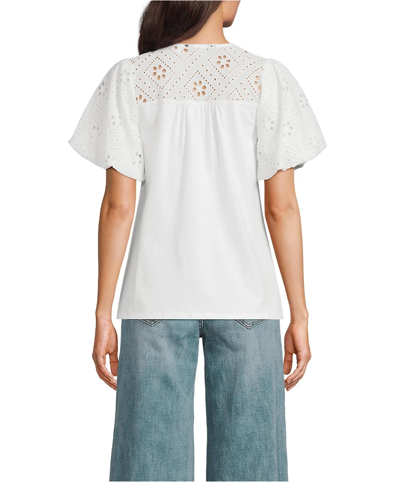 Lands' End Women's Eyelet Crew Puff Sleeve Top