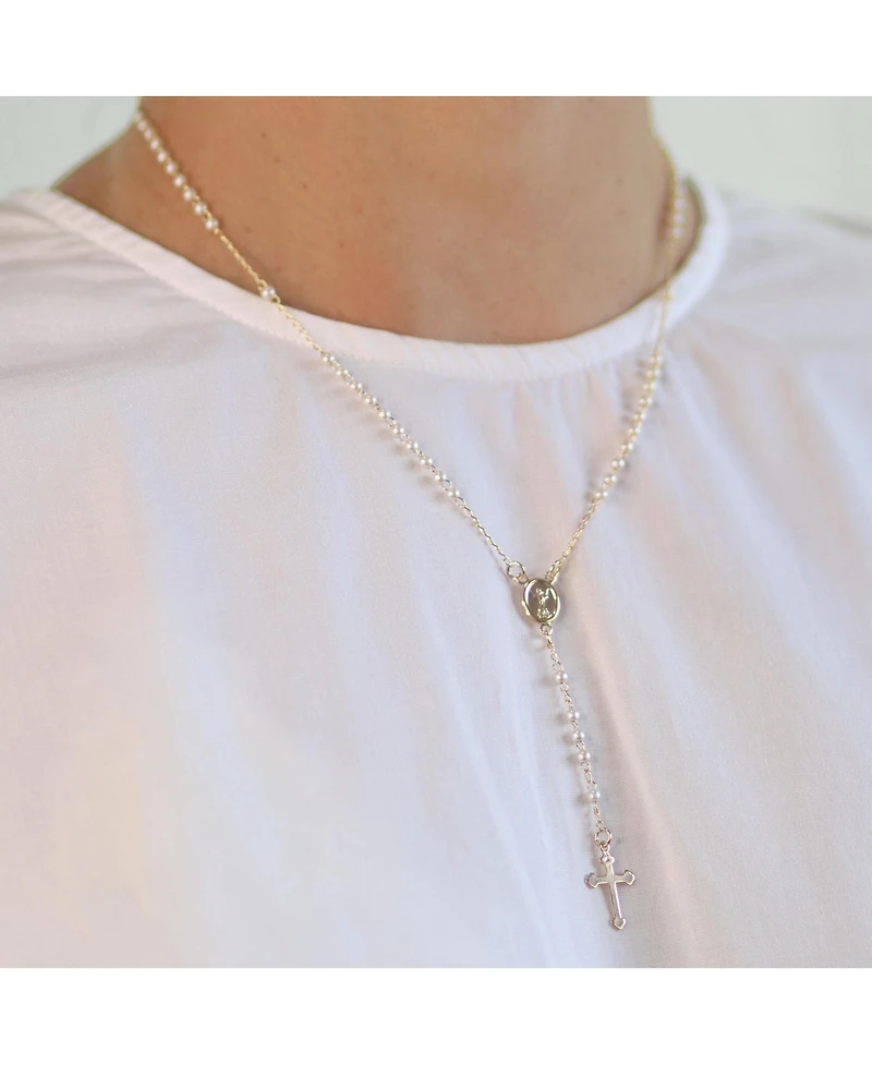Bling Jewelry Dainty Religious Guardian Angel Rosary Necklace with White Simulated Pearls Gold Plated Brass