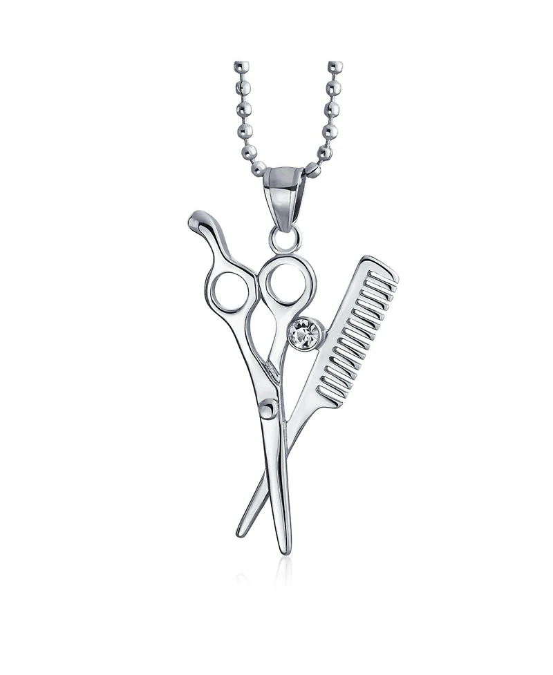 Bling Jewelry Whimsical Scissors Comb Pendant Necklace Crystal Accent Stainless Steel Chain