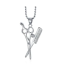 Bling Jewelry Whimsical Scissors Comb Pendant Necklace Crystal Accent Stainless Steel Chain