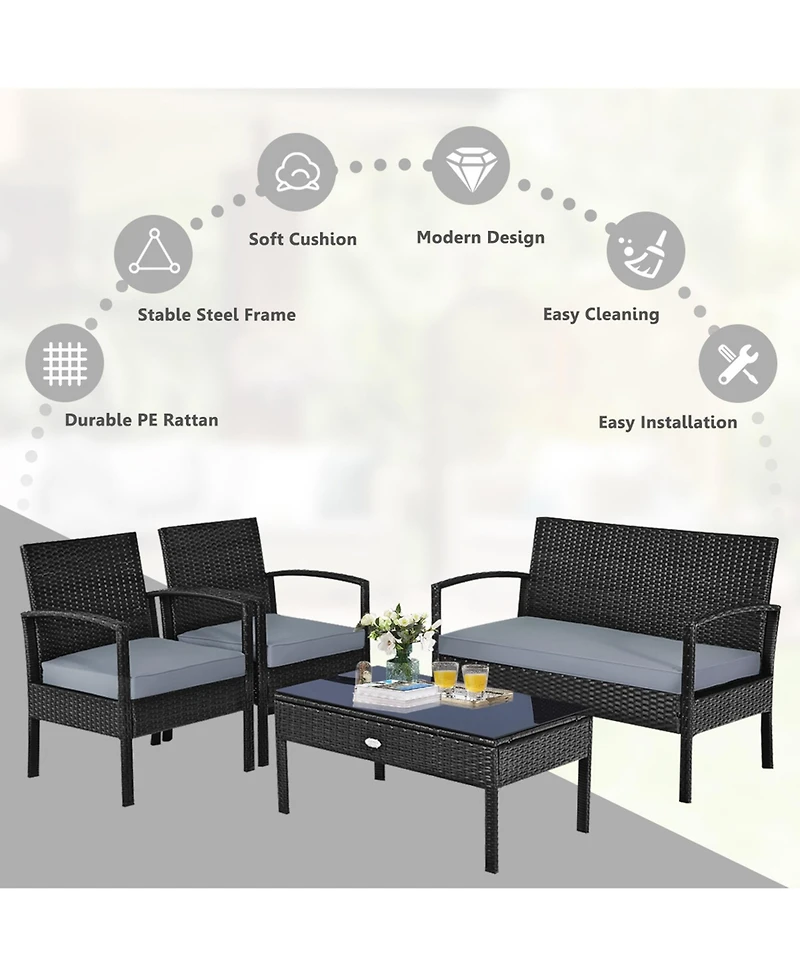 Gymax Patio Garden 4PC Rattan Wicker Furniture Set