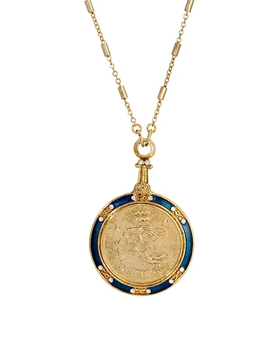 2028 Blue Enamel Crystal Round Zodiac Necklace