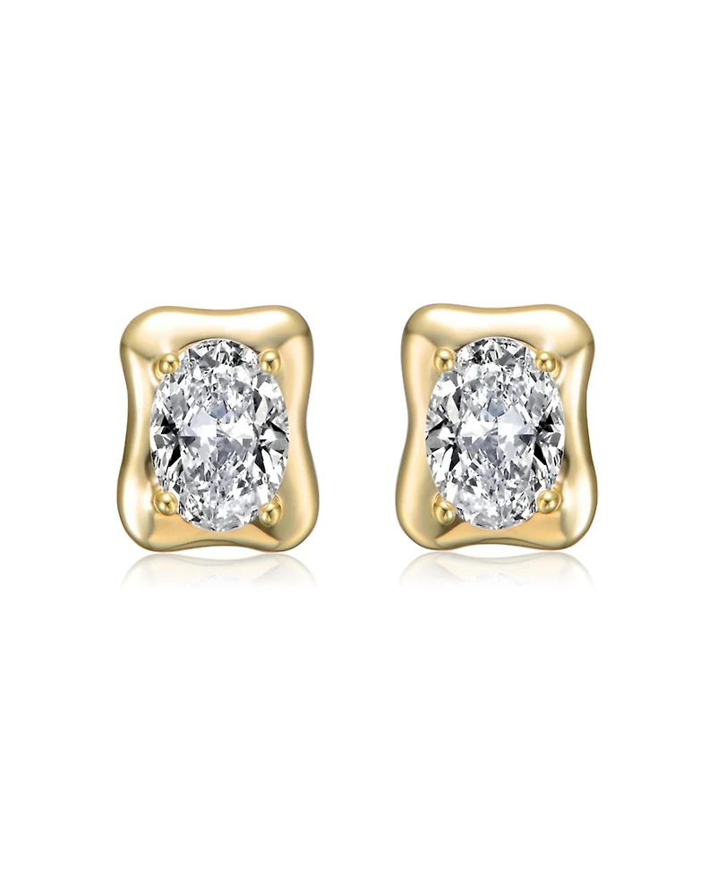 Sterling Silver 14K Gold Plated with Clear Cubic Zirconia Wavey Square Stud Earrings
