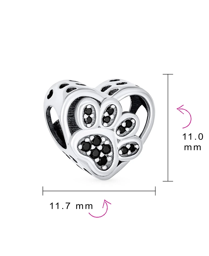 Bling Jewelry Black Cz Heart Paw Print Charm Bead Pet Lovers - Fits European Bracelet
