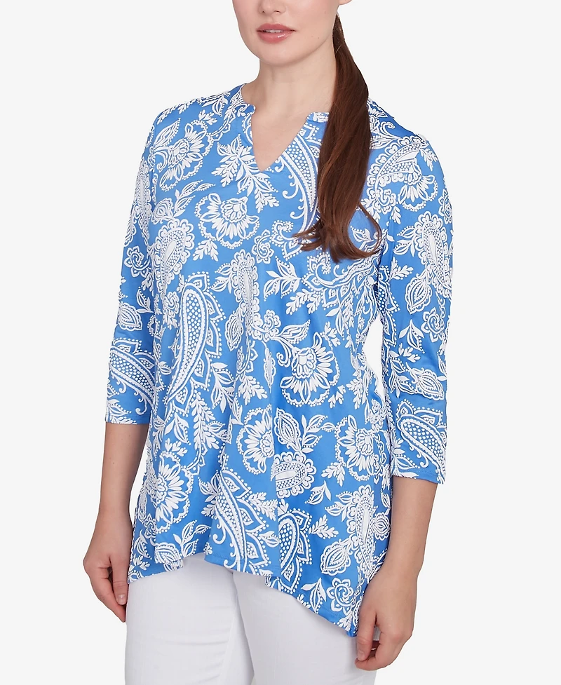 Ruby Rd. Petite Jacobean Paisley Puff Print V-Neck Top